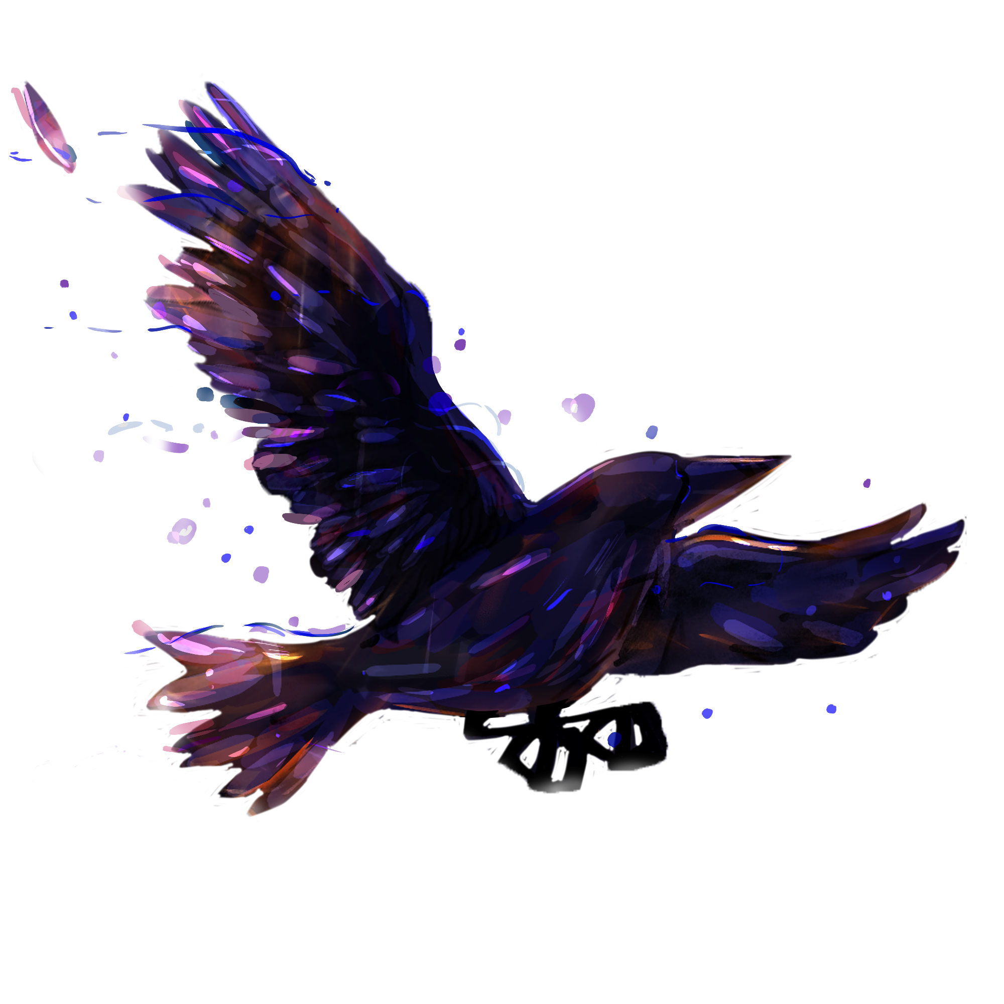 a black feather icon inside a white circle